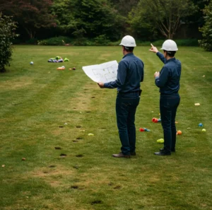 Greeneris specialistai vertina sąlygas sklype, kuriame bus įrengiama nauja veja.