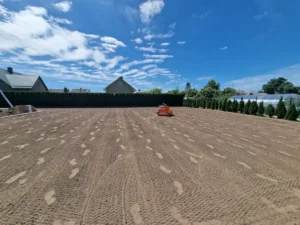 Greeneris darbuotojai sėja veją vejos sėjimo mašina Širvintose.