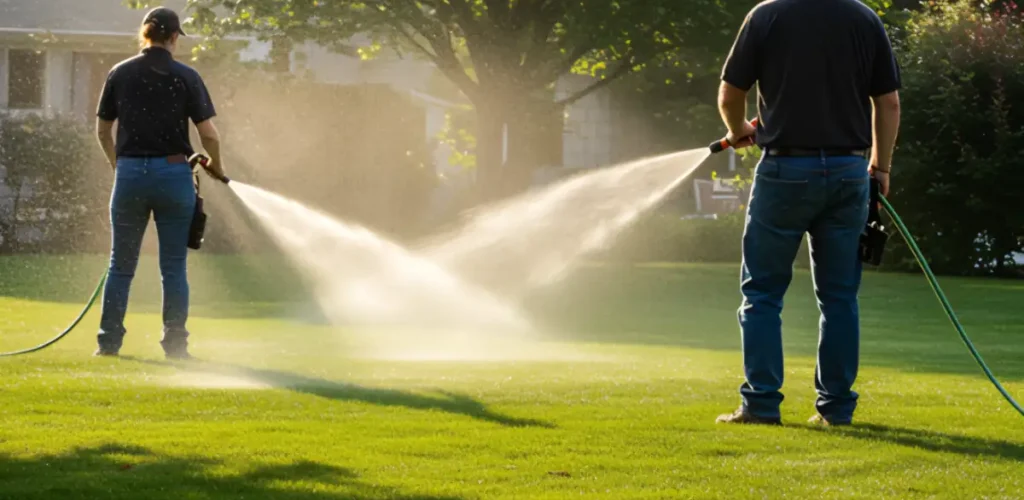 Greeneris komanda laisto naujai įrengtą veją ir atlieka vejos priežiūros darbus.