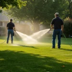 Greeneris komanda laisto naujai įrengtą veją ir atlieka vejos priežiūros darbus.
