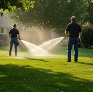 Greeneris komanda laisto naujai įrengtą veją ir atlieka vejos priežiūros darbus.