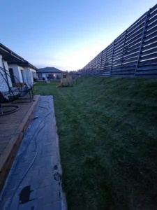 Ant šlaito įrengta ruloninė veja. Greeneris projektas Vilniaus rajone.