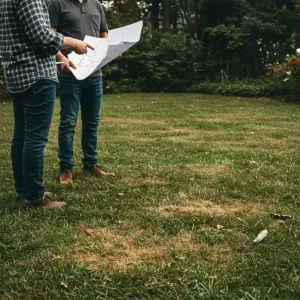 Greeneris specialistai konsultuoja klientus vejos įrengimo klausimais.