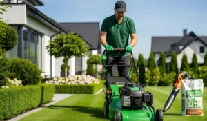 Greeneris darbuotojas pjauna veją su žoliapjove.